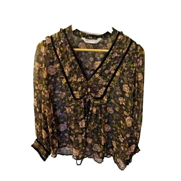 Pre-Loved Zara Small Black with Pink Flowers Sheer Long Sleeve Blouse - Picture 5 of 8